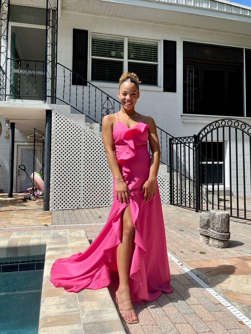 Hot Pink Ruffle Slit Gown - Picture 4 of 5